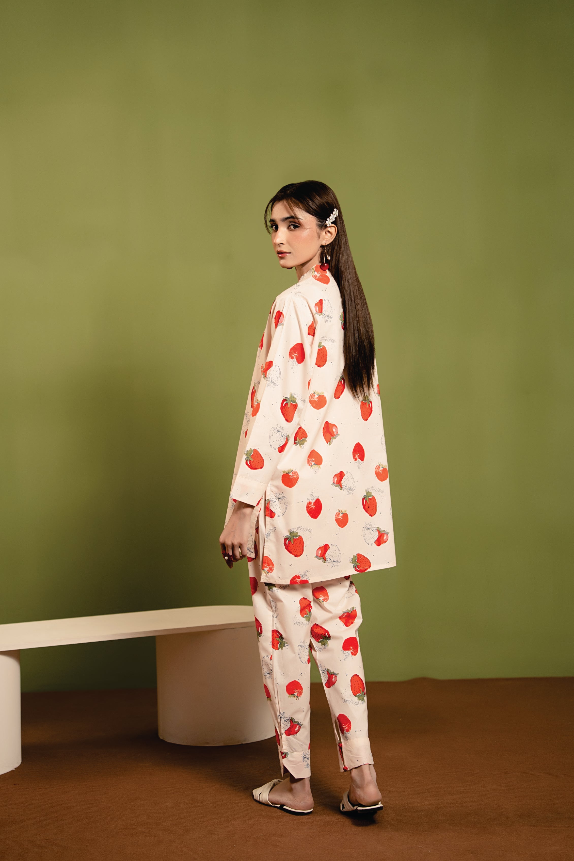 Cherry Print All Over Print Peach 2Pcs Suit Women(R-417N)