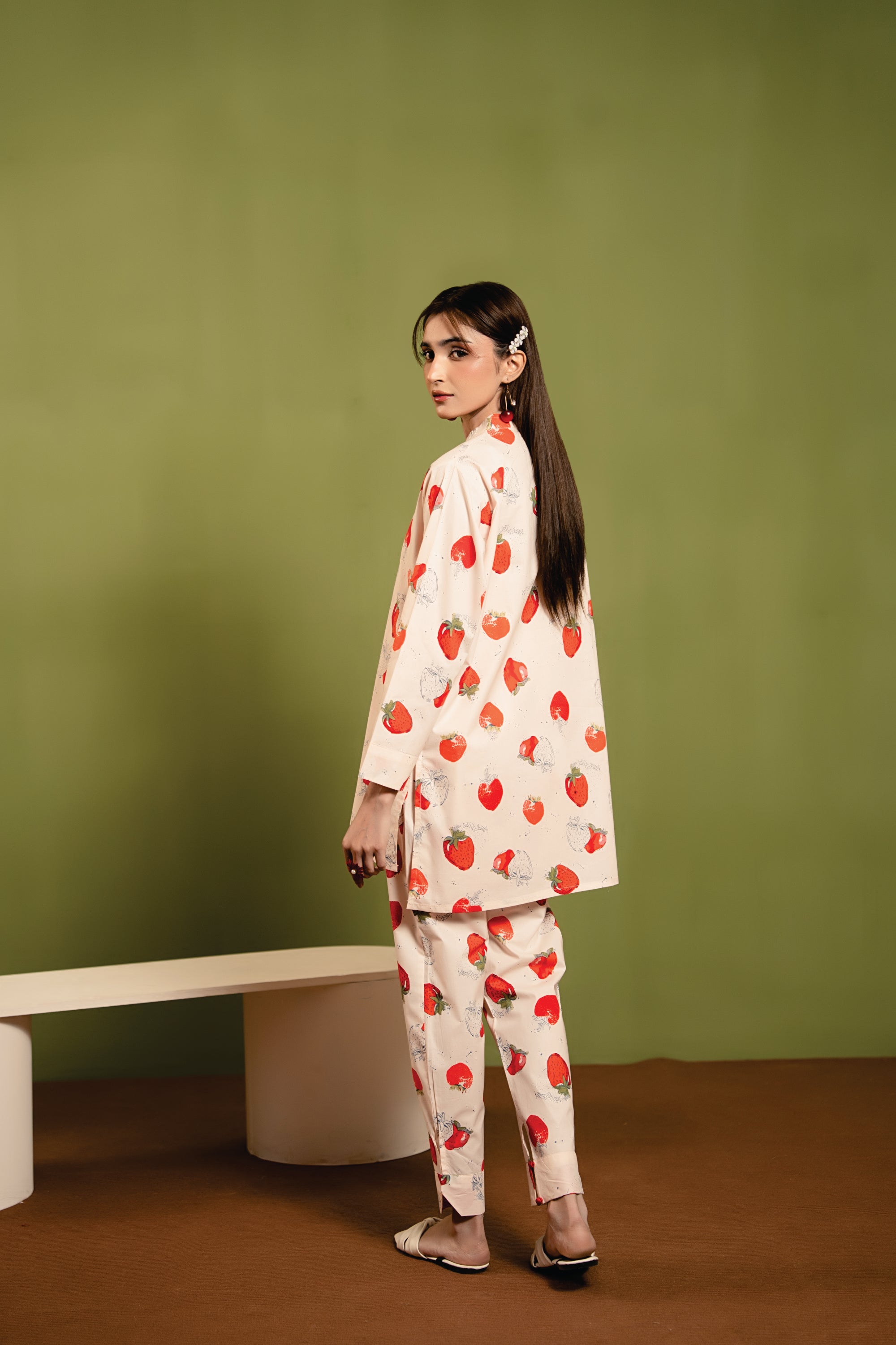 Cherry Print All Over Print Peach 2Pcs Suit Women