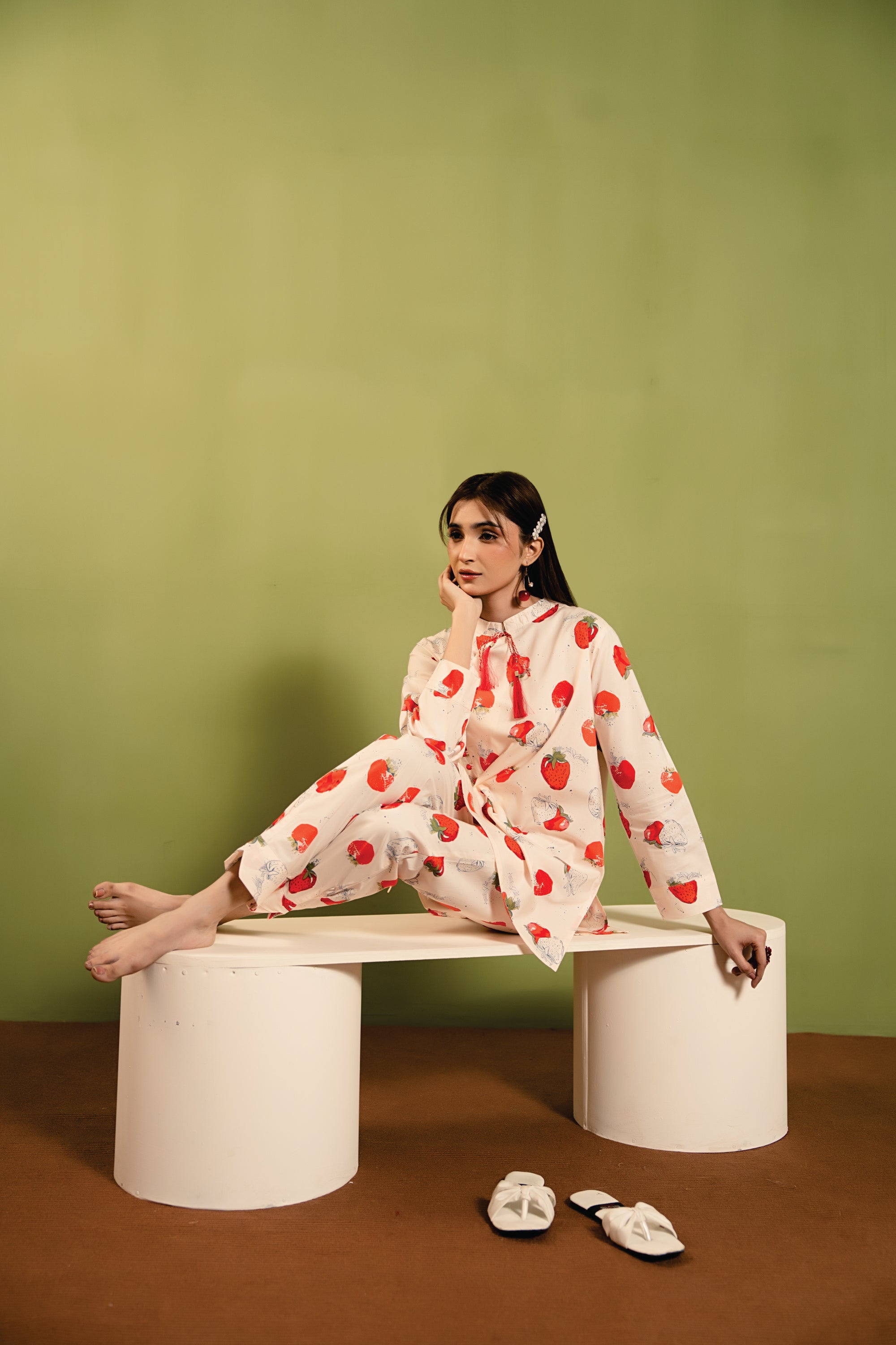 Cherry Print All Over Print Peach 2Pcs Suit Women