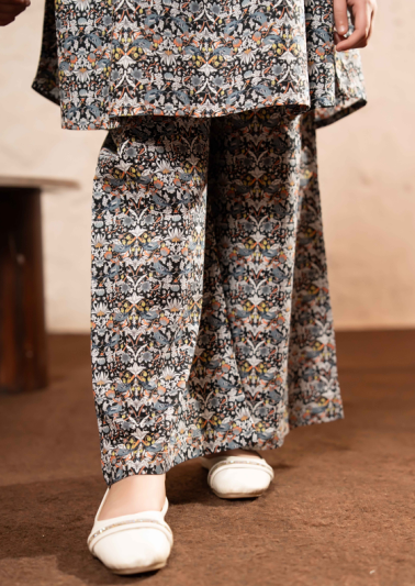 Floral Flower Print  Black Skirt Suit Girls ( R-137 )