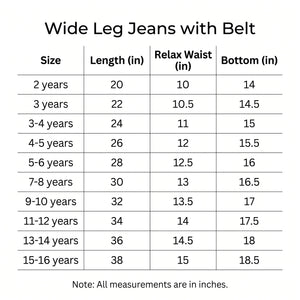 A size chart table for wide leg jeans with a belt, showing measurements in inches by age from 2 years to 15-16 years. Columns include Size, Length (in), Relax Waist (in), and Bottom (in).