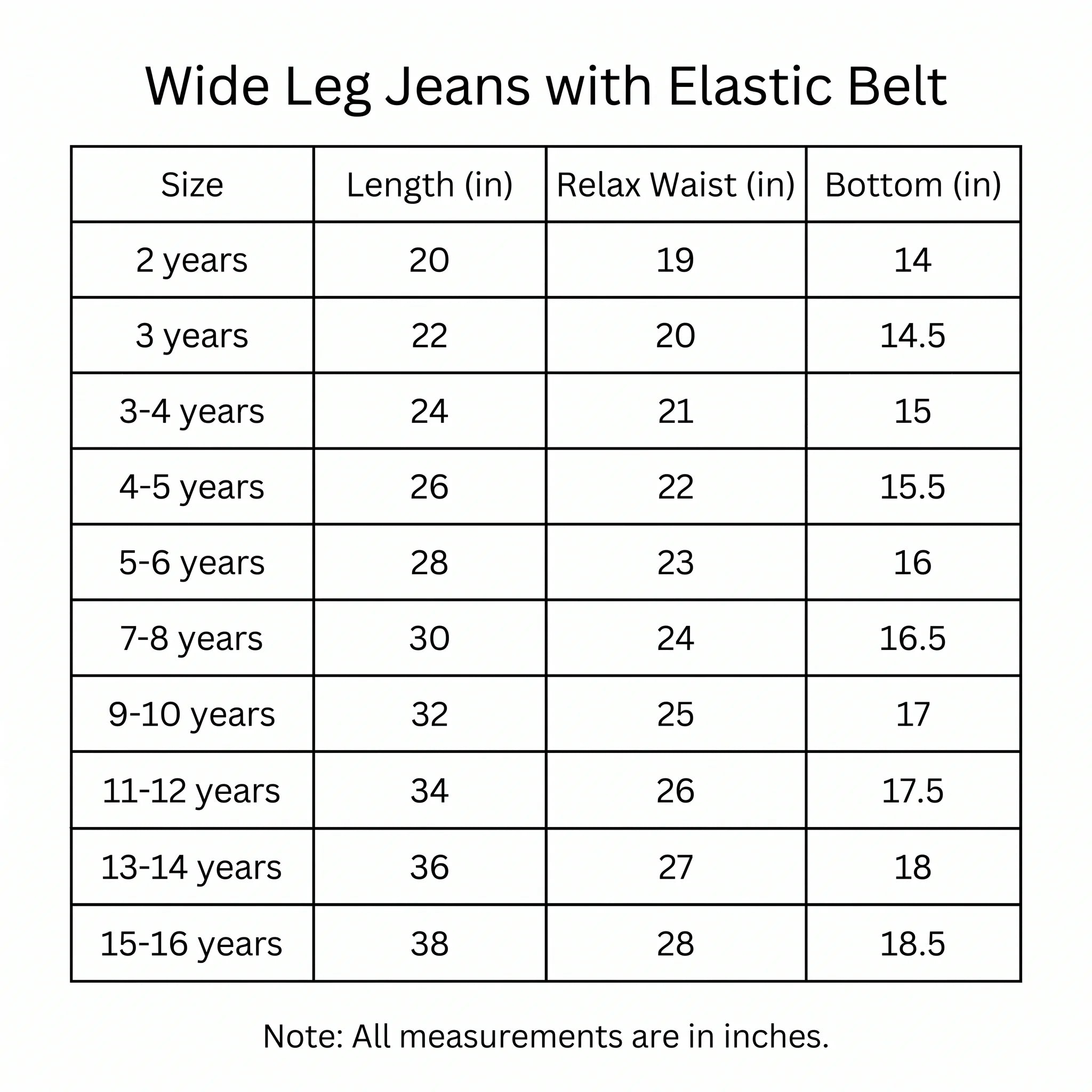 A size chart table for wide leg jeans with an elastic belt, showing measurements in inches for different age groups from 2 years to 15-16 years. The header reads 'Wide Leg Jeans with Elastic Belt'.