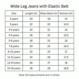 A size chart table for wide leg jeans with an elastic belt, showing measurements in inches for different age groups from 2 years to 15-16 years. The header reads 'Wide Leg Jeans with Elastic Belt'.