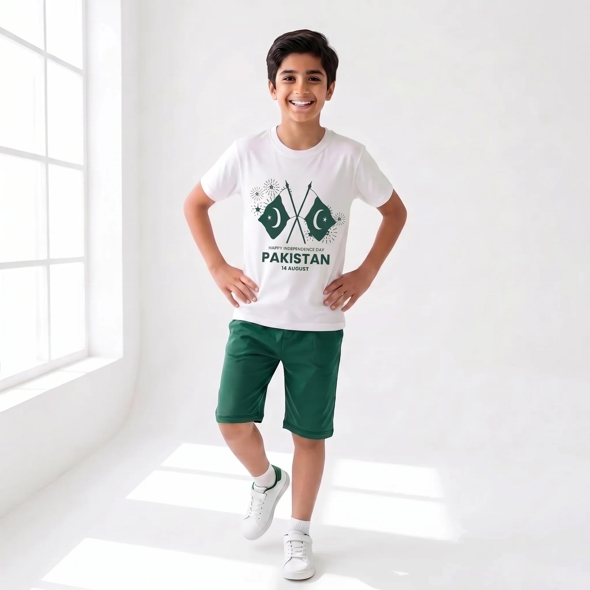 2 Flag Pakistan White Nicker Suit Boys