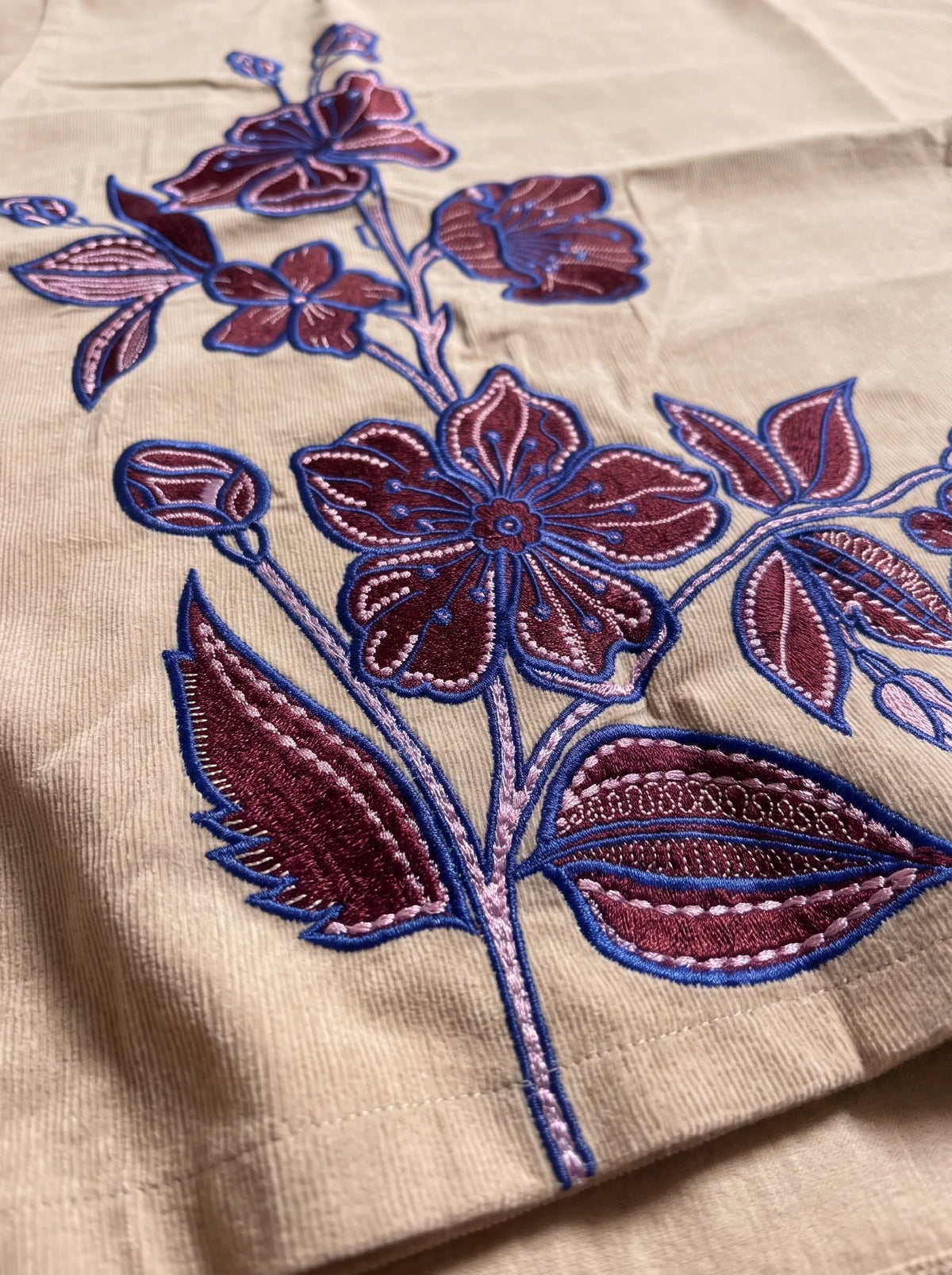 Floral Embroidery Notch-Neck Beige Corduroy Co-Ord Set For Women