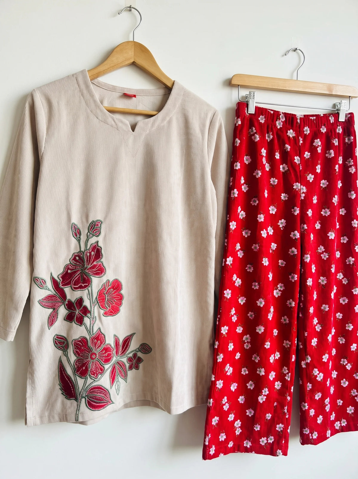 Red Floral Embroidery Notch-Neck Light Beige Corduroy Co-Ord Set For Women