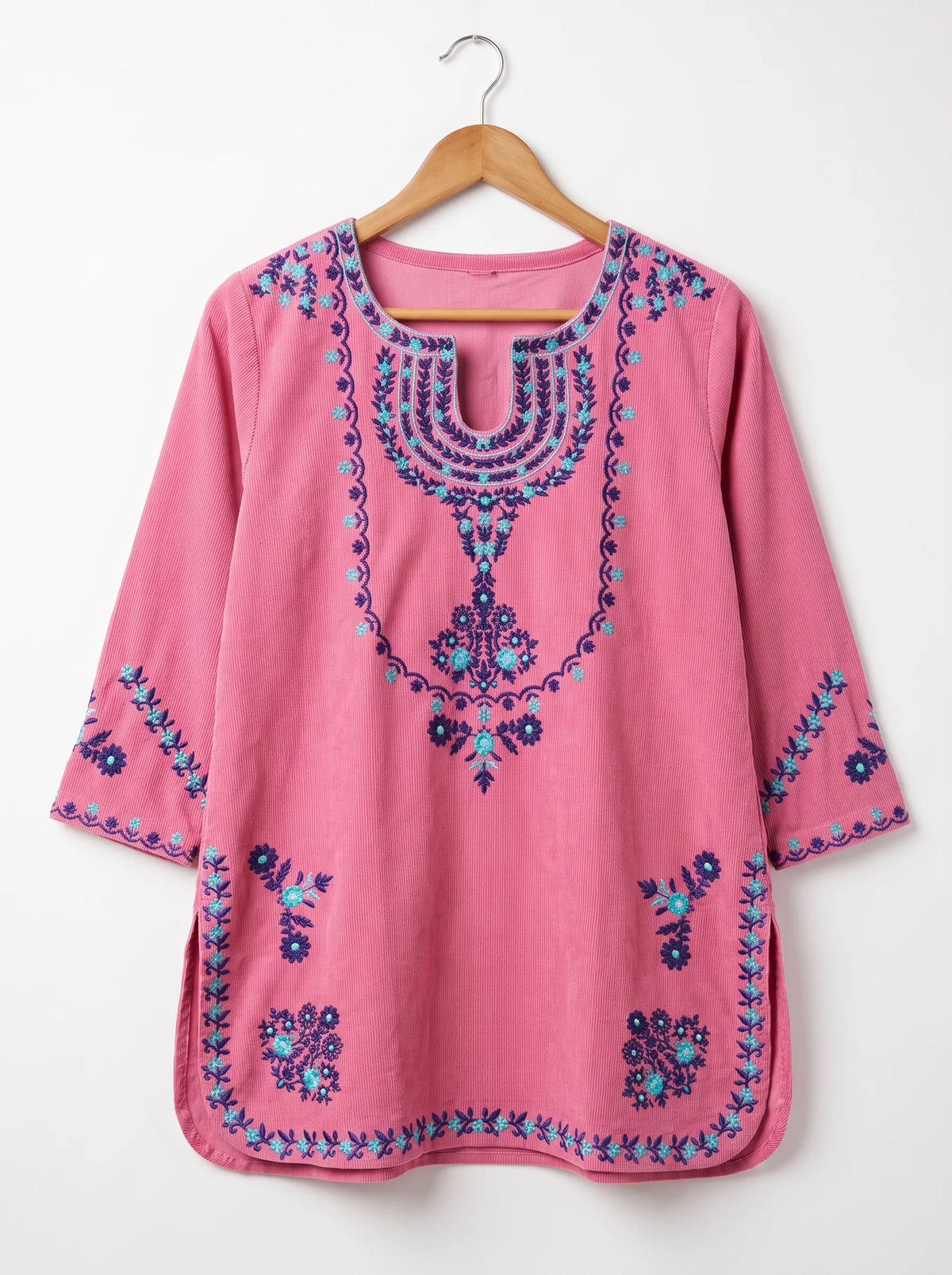 Front Embroidery Baby Pink Corduroy Co-Ord Set For Women