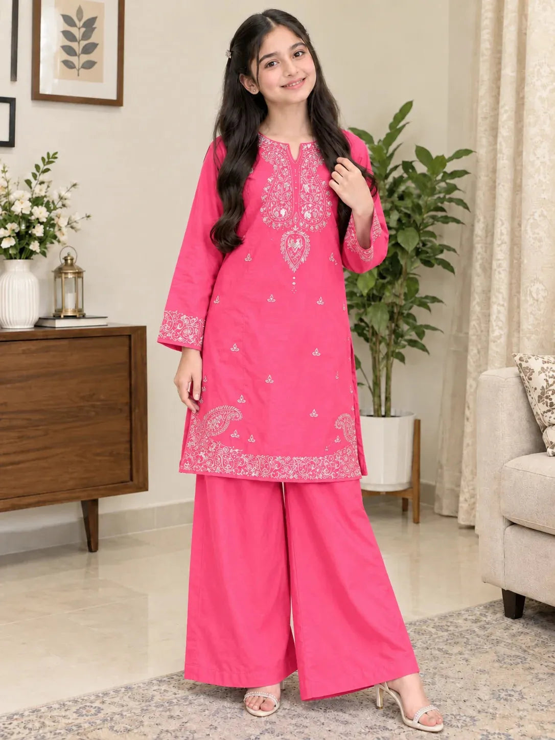 A young girl modeling a bright pink three-piece kurta set with white embroidery, standing in a decorated indoor room with plants, a wooden cabinet, and a sofa.