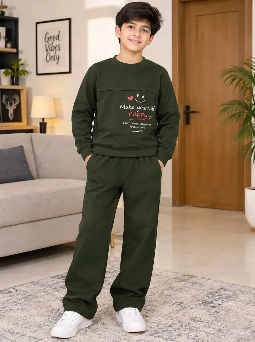 Smiley Print Olive Baggy Tracksuit For Boys