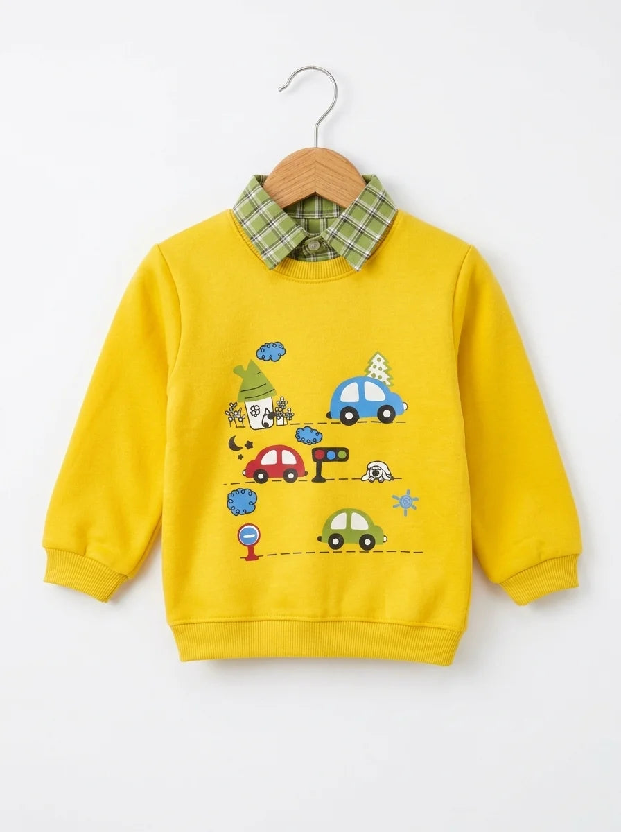 Car Traffic Graphic  Bright  Yellow Double Sweatshirt For Boys ( B)
