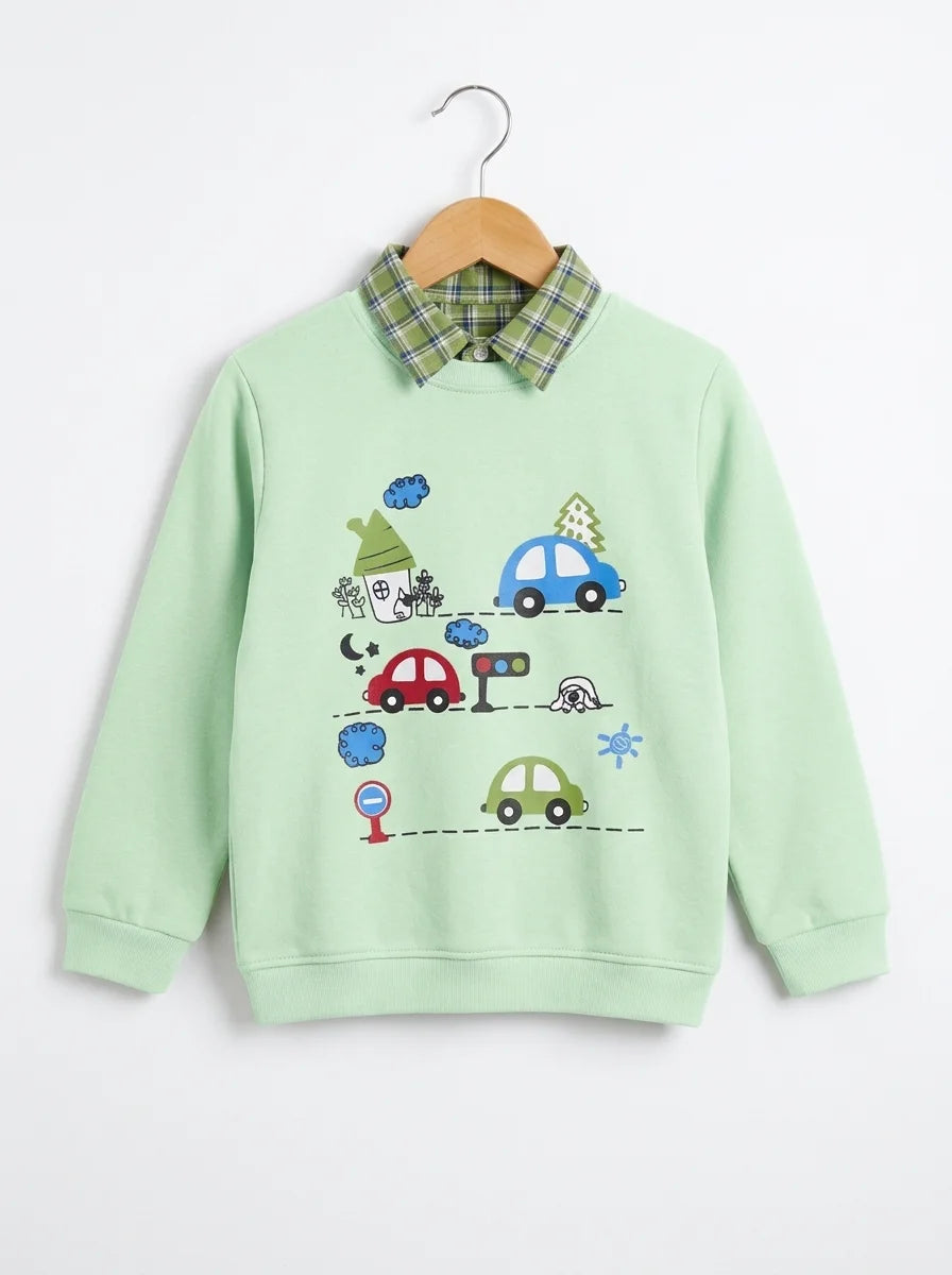 Car Traffic Graphic Mint Green Double Sweatshirt For Boys