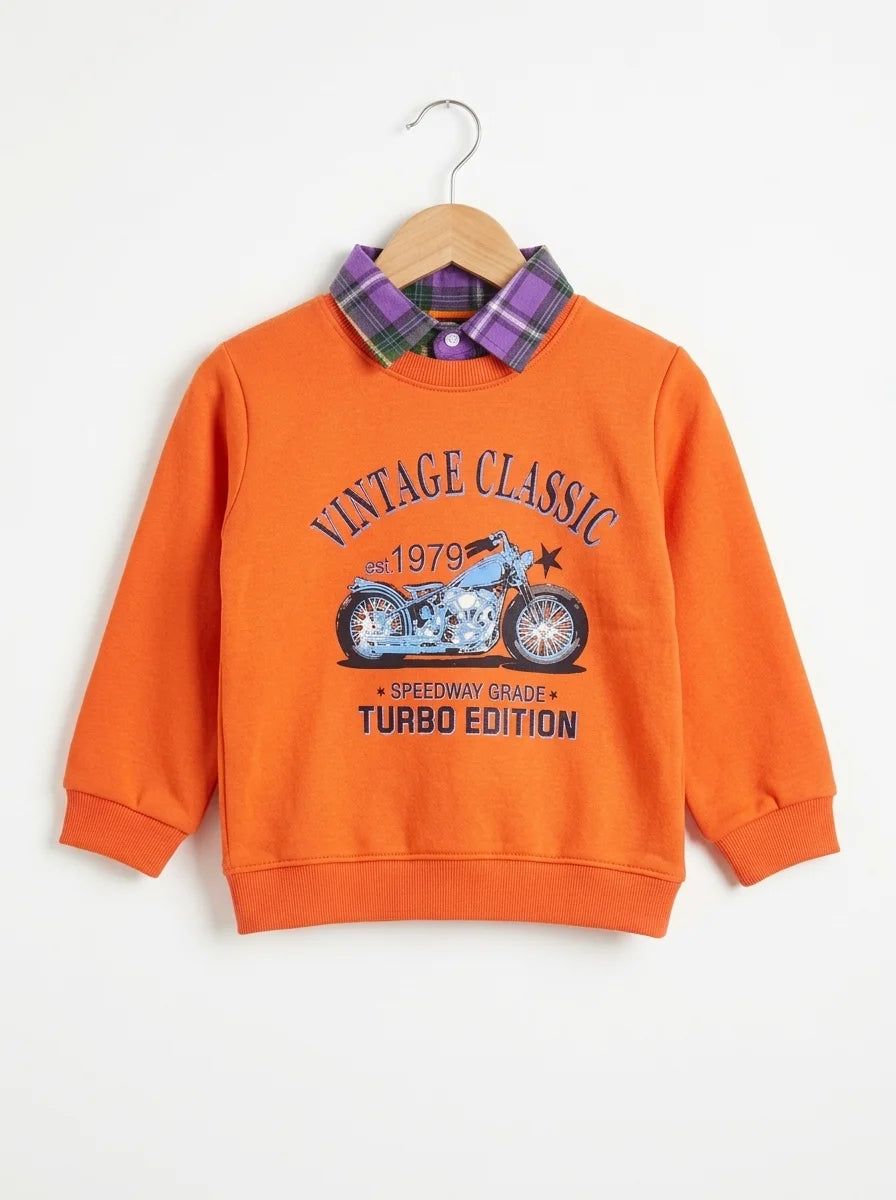 Vintage Motorcycle Print  Orange Double Sweatshirt For Boys ( B)