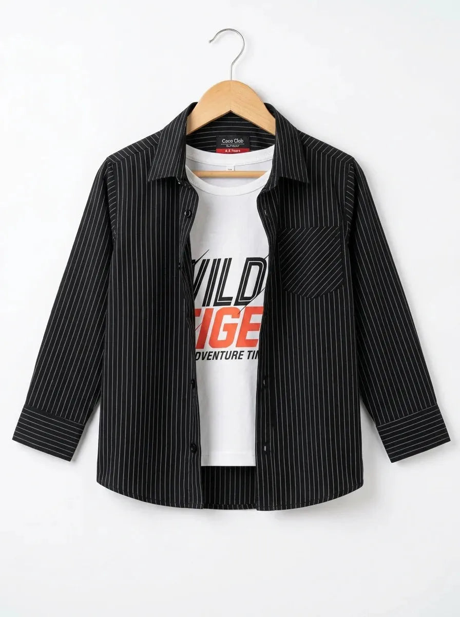 Wild Tiger White Inner Full Sleeve Black Pinstripe Double Casual Shirt
