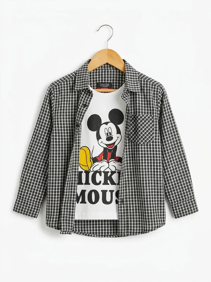 Mickey Mouse White Inner Full Sleeve Black Check Double Casual Shirt R-198