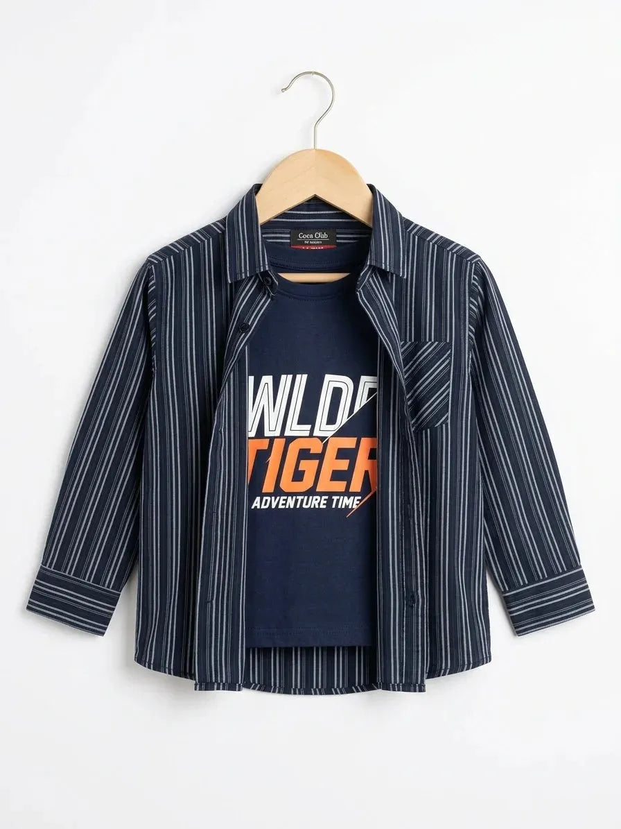 Wild Tiger Navy Inner Full Sleeve Navy Blue Pinstripe Double Casual Shirt R-198