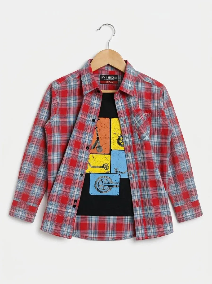 Scooter Graphic Navy Inner Full Sleeve Red & Blue Plaid Check Double Casual Shirt R-263