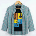Scooter Graphic Inner Full Sleeve Teal Plaid Check Double Casual Shirt R-572