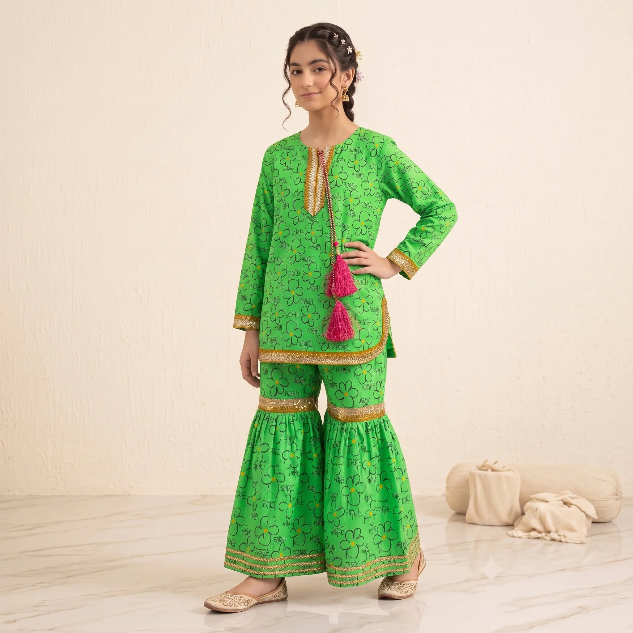 Smile Print Parrot Gharara Suit Girls ( R-460 )