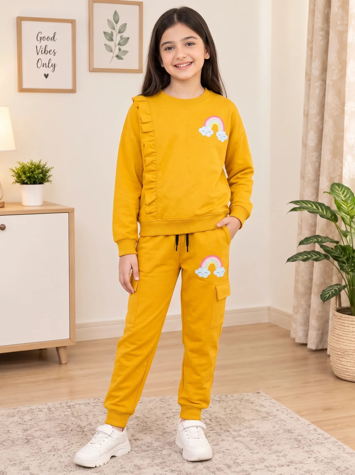 Rainbow Mustard Yellow Tracksuit  For Girls ( R-607 )