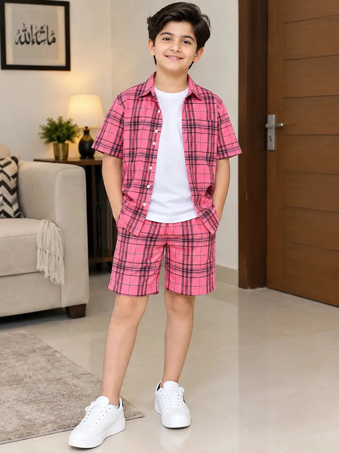 Coral Pink Check Casual Nicker Suit Boys ( R-23 N )