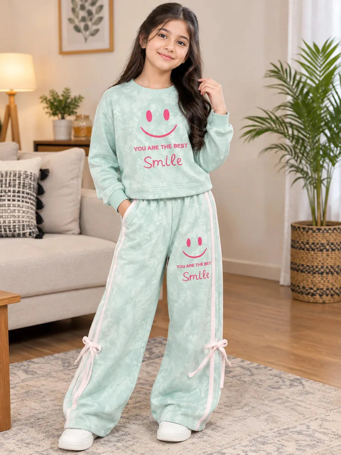Smiley Print Sky Baggy Track-Suit For Girls