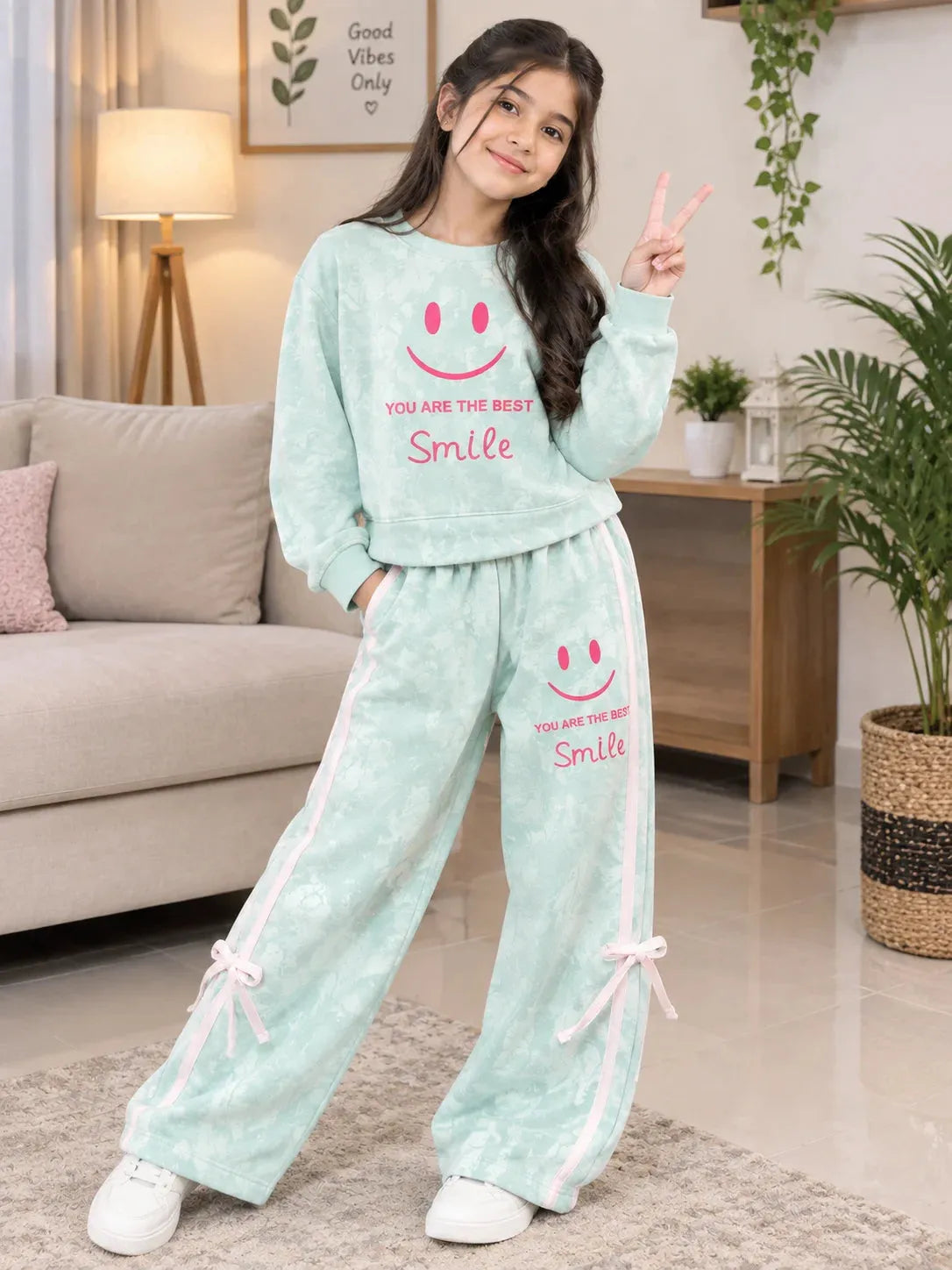 Smiley Print Sky Baggy Track-Suit For Girls