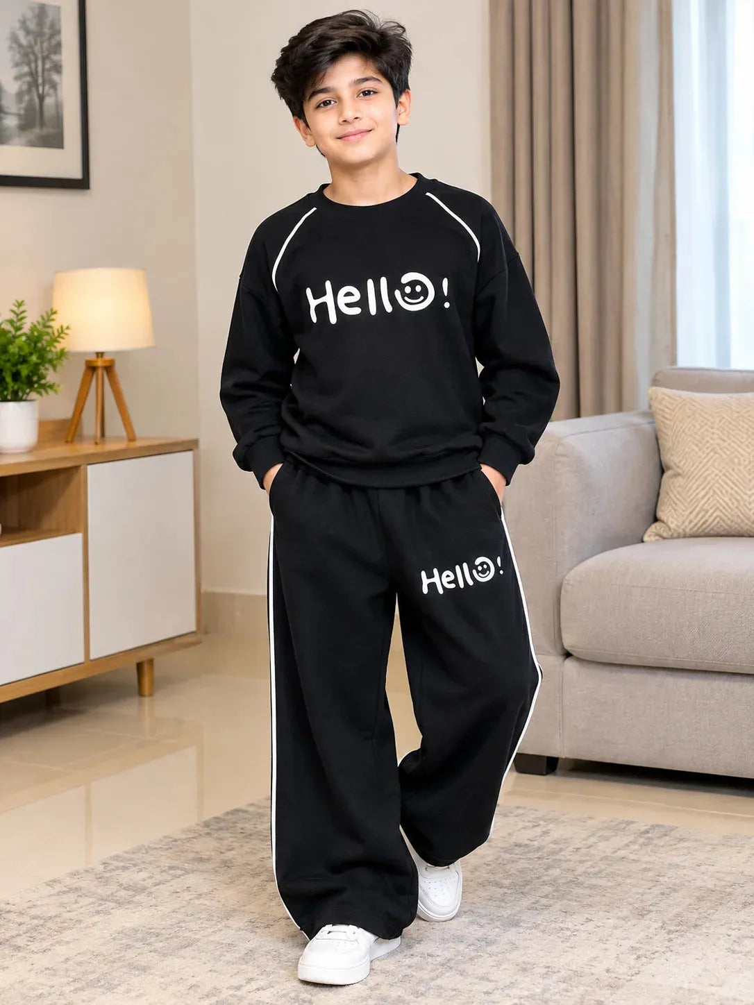 Hello Print Baggy Black Tracksuit For Boys