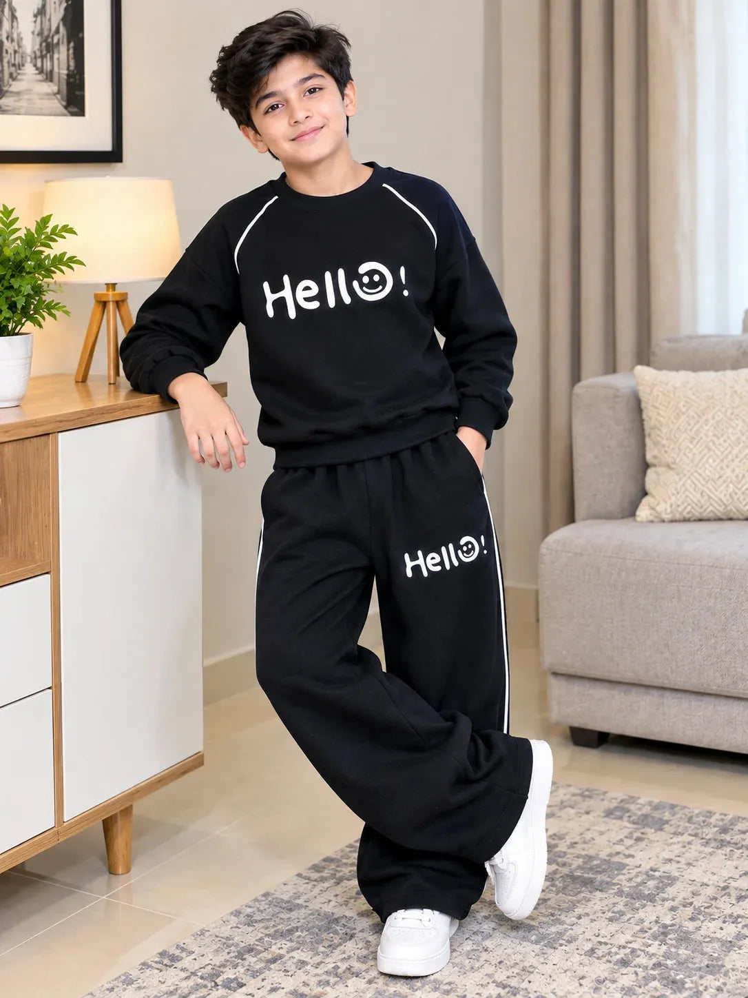Hello Print Baggy Black Tracksuit For Boys