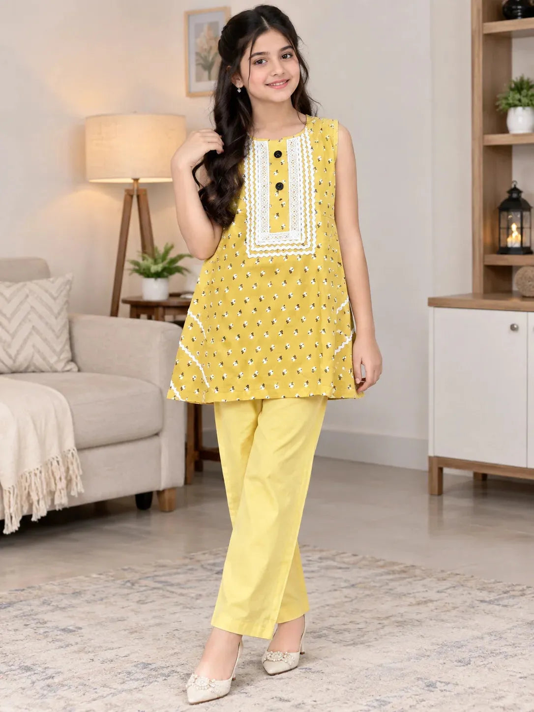 White Flower Sleeveless Lemon Suit Girls(R-372N)