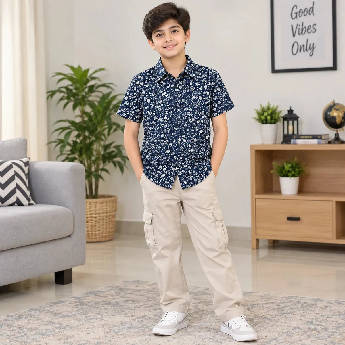Leaves Print Navy Casual Shirt Boys(R-419N)