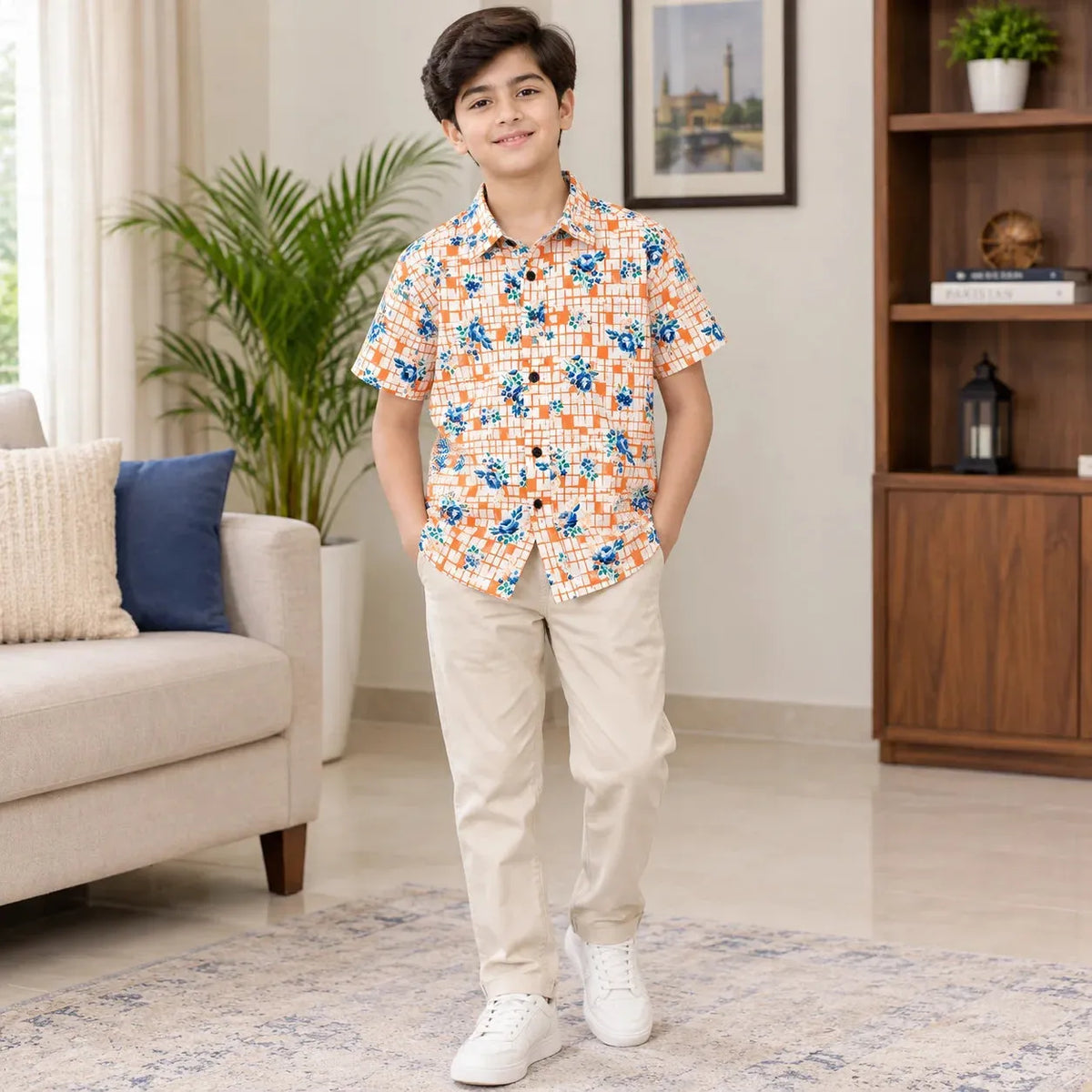 Blue Flower Orange Casual Shirt Boys(R-419N)