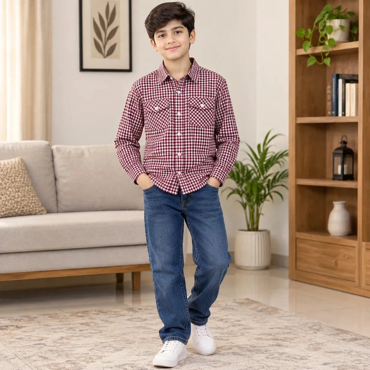 Two Side Pocket Full Sleeve Maroon Check Casual Shirt Boys( R-511 N )