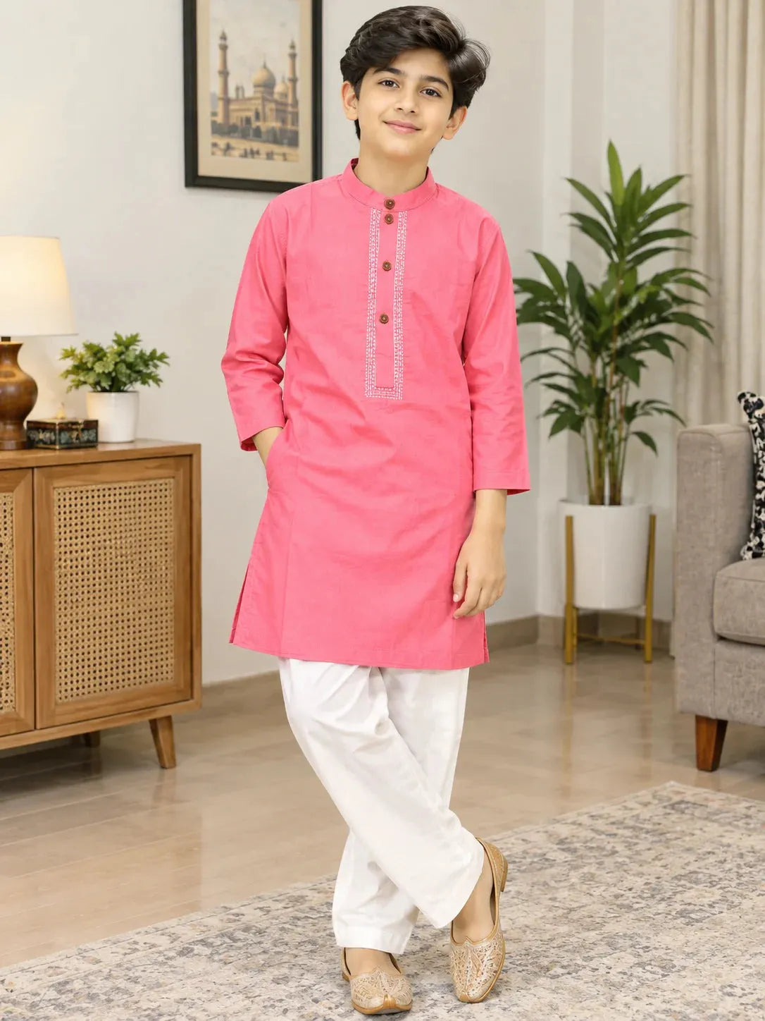 Embroidery Rose Pink Cotton Kurta For Boys ( R-544 N )