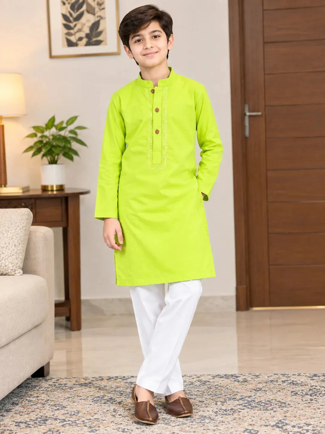 Embroidery Lime Green Cotton Kurta Foy Boys ( R-544 N )