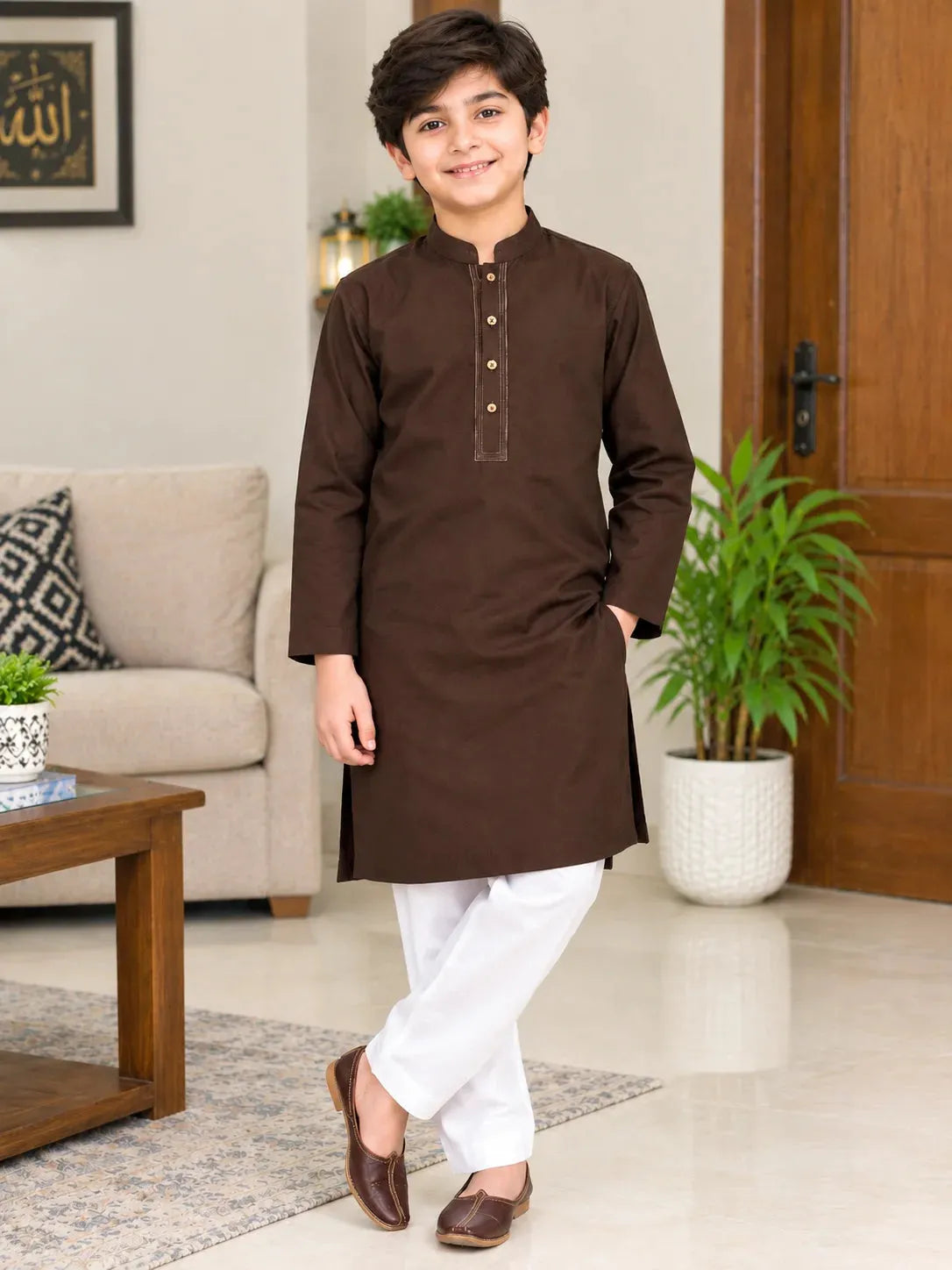 Embroidery Chocolate Brown Cotton Kurta For Boys ( R-544 N )