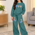 Hearts Graphic Dark Teal Track-Suit For Girls