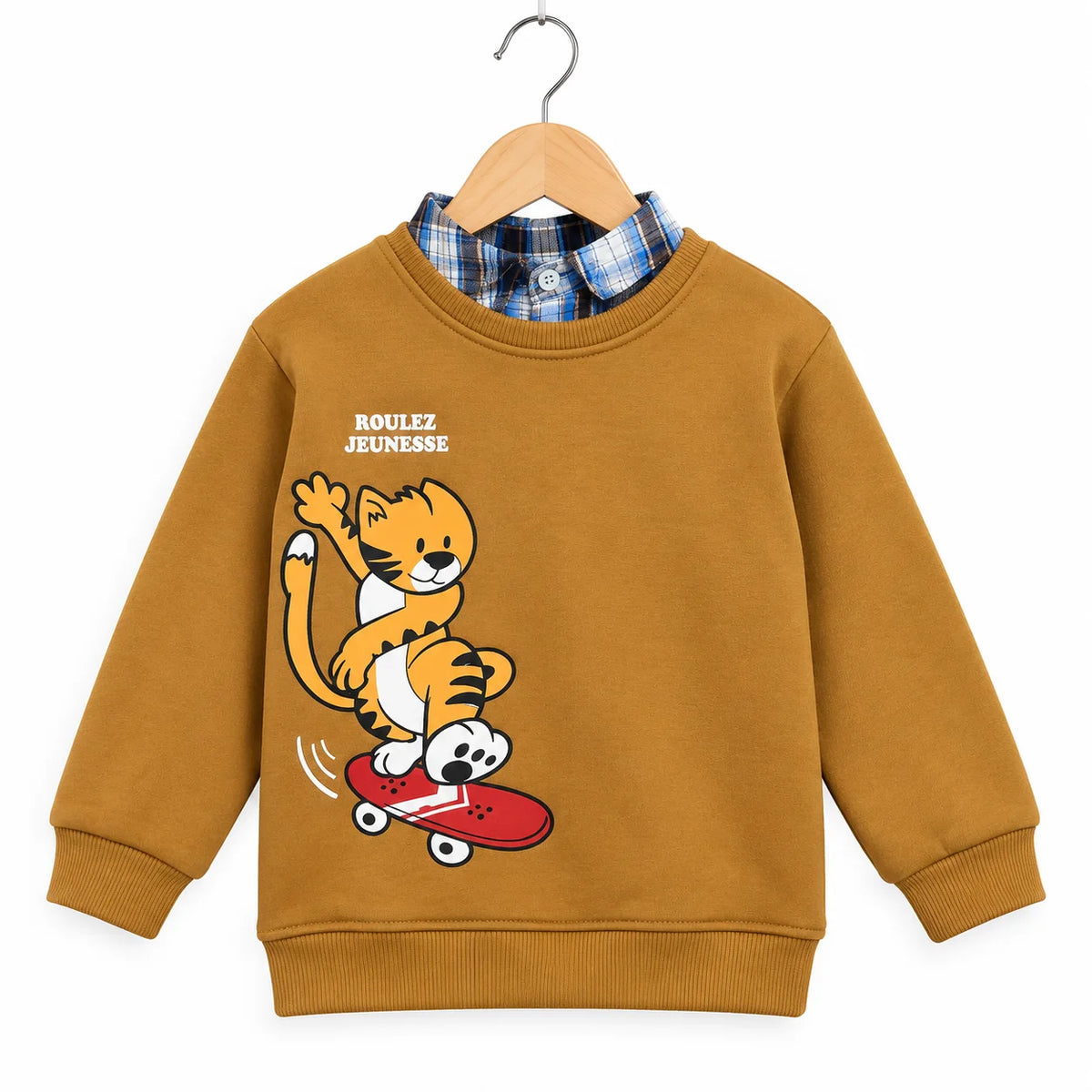 Skateboarding Tiger Mustard Brown Double Sweatshirt For Boys ( B)