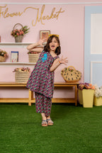 Green & Pink Flower Sleeveless Frock, Trouser Girls