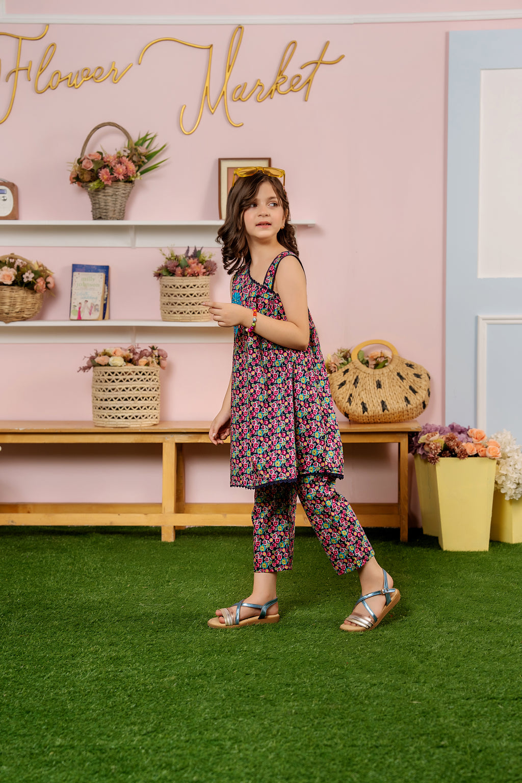 Green & Pink Flower Sleeveless Frock, Trouser Girls