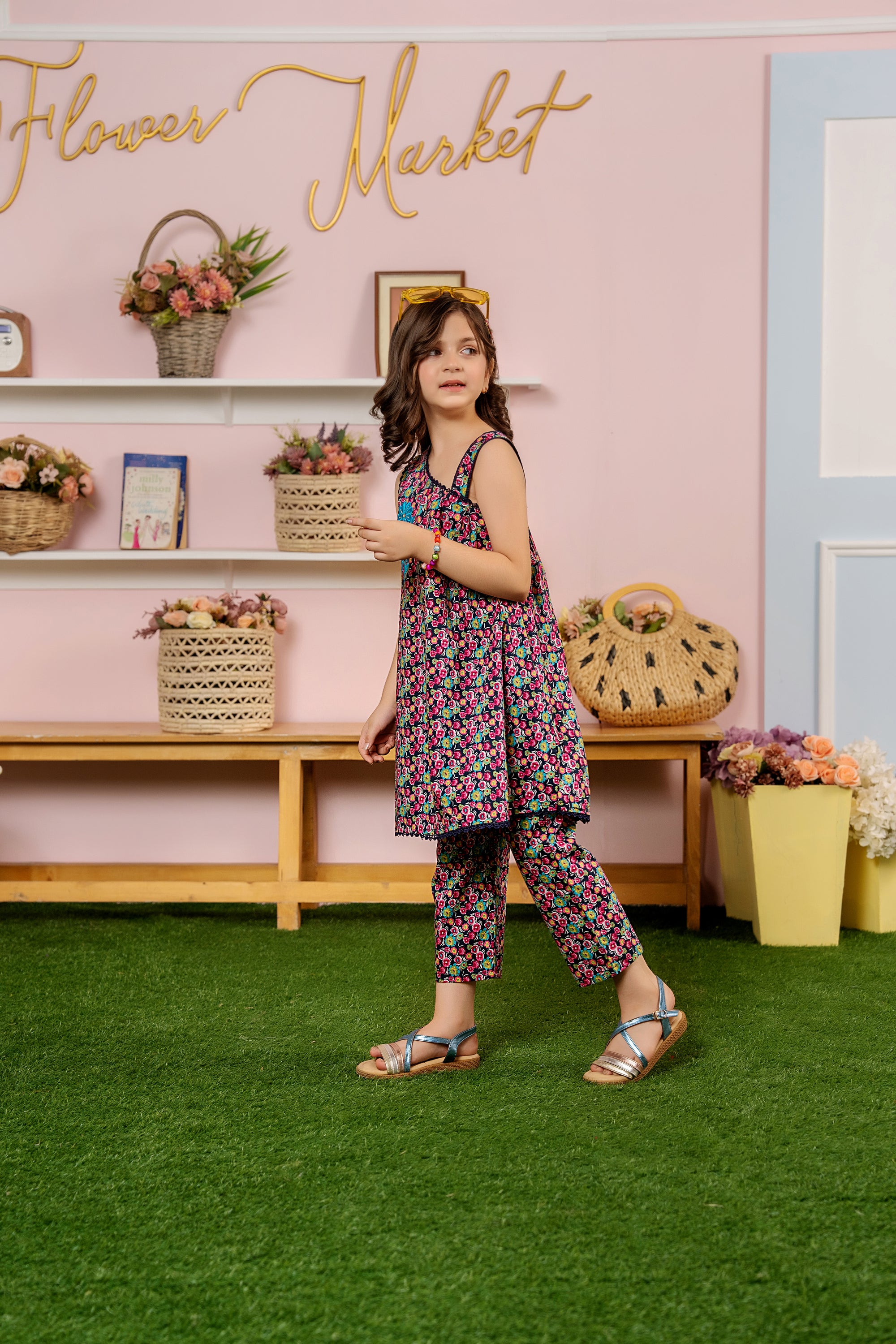 Green & Pink Flower Sleeveless Frock, Trouser Girls