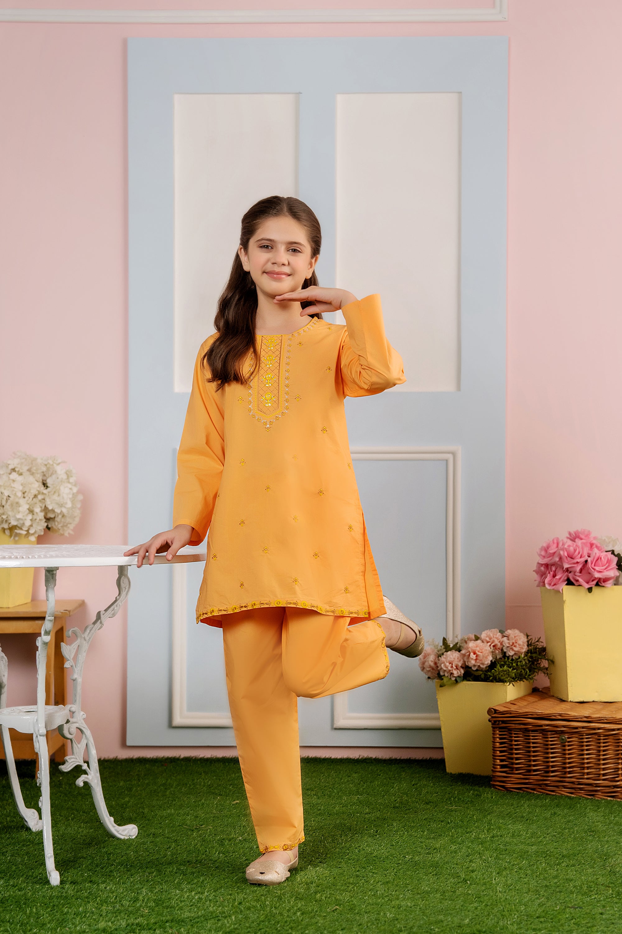 Tila Embroidery Orange Suit Girls