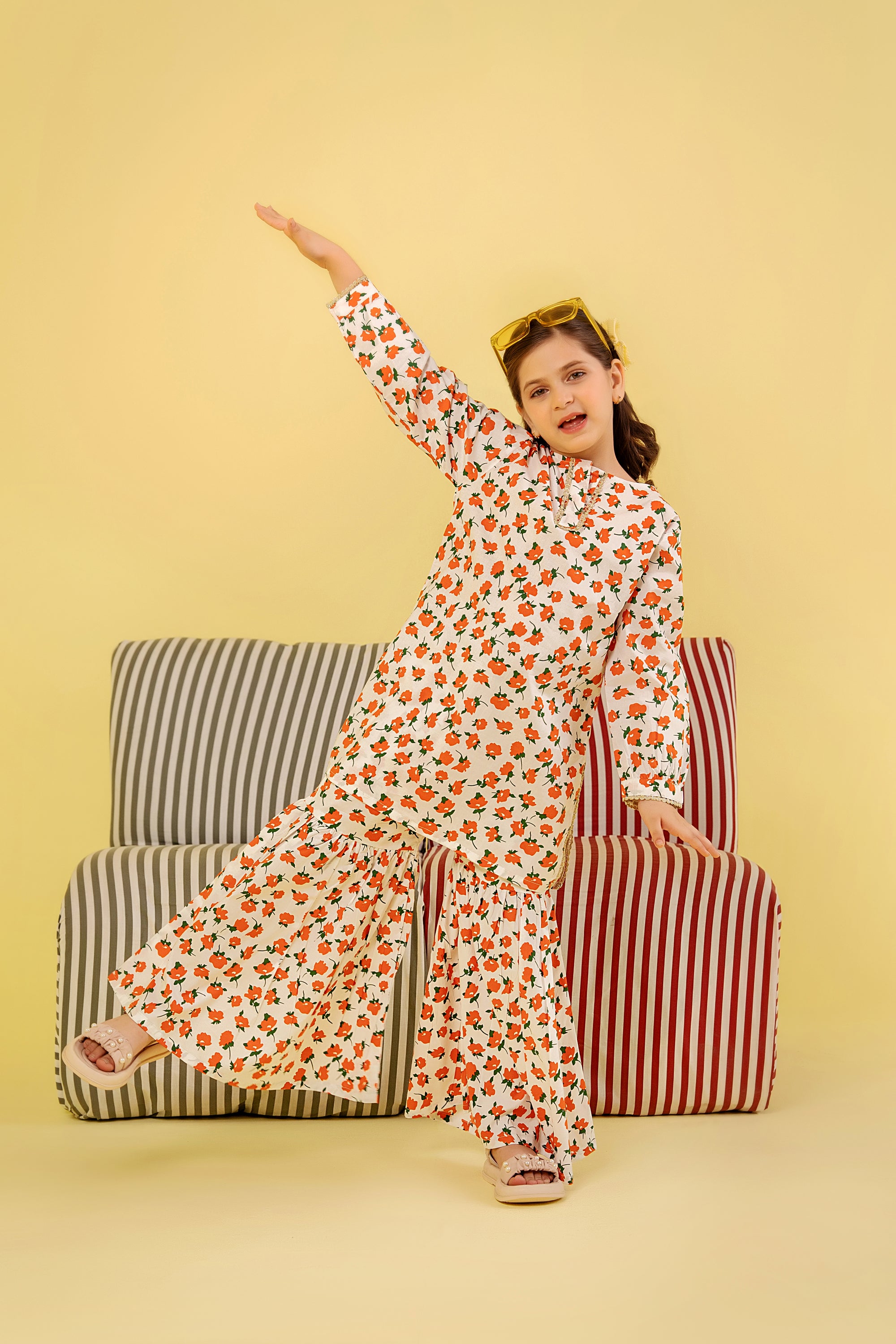 Orange Flower All Over Print Gharara Suit Girls(R-47,48)