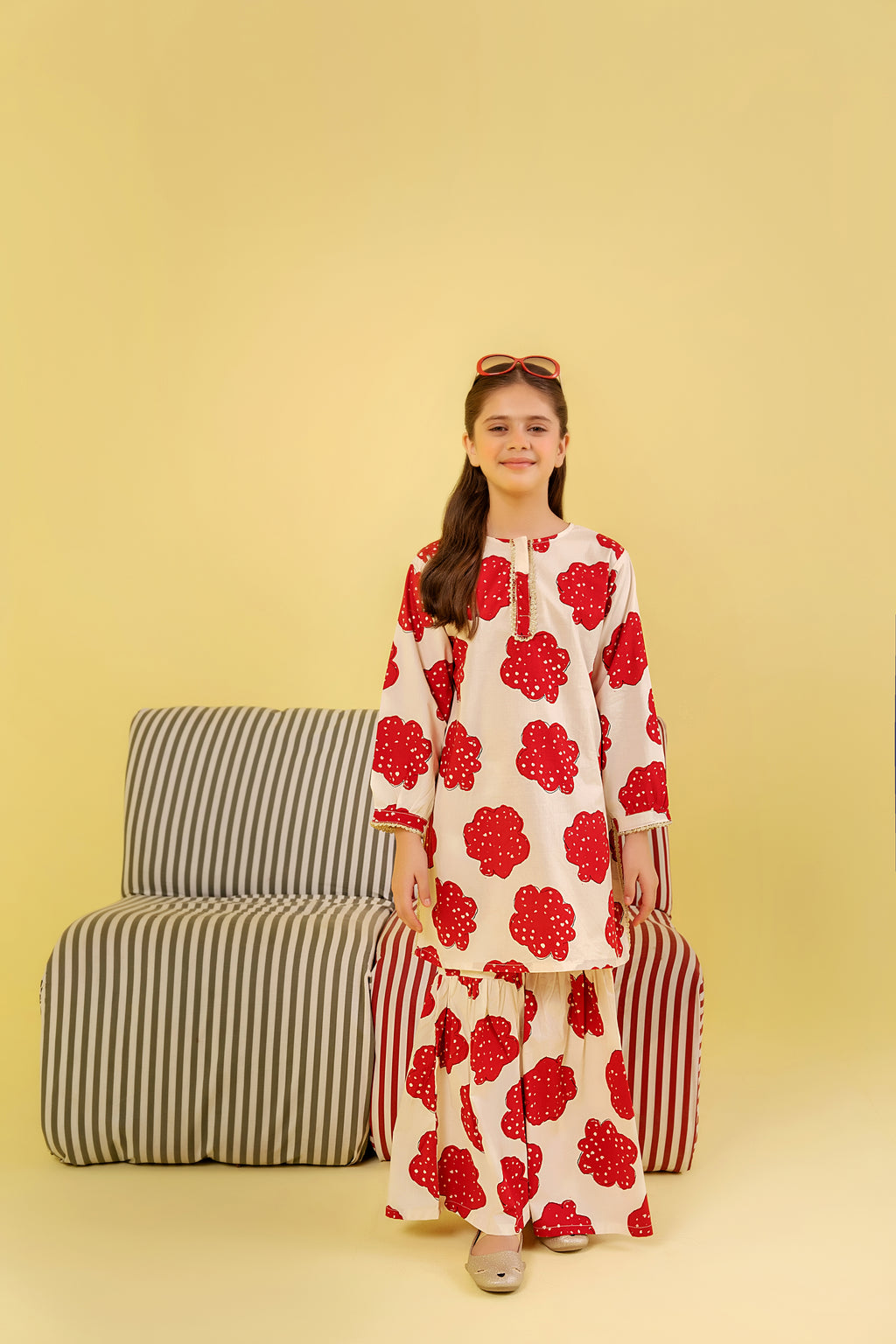 Red Flower All Over Print White Gharara Suit Girls(R-47,48)