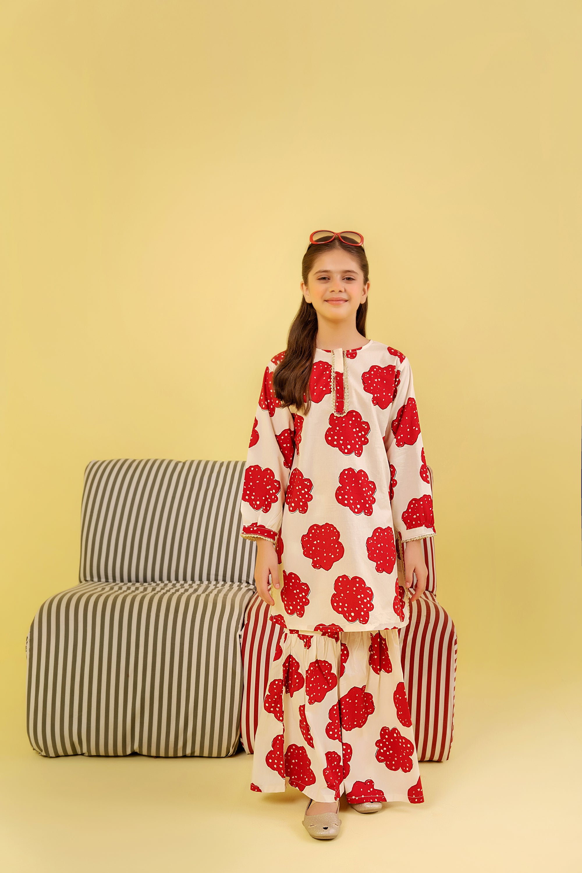 Red Flower All Over Print White Gharara Suit Girls(R-47,48)