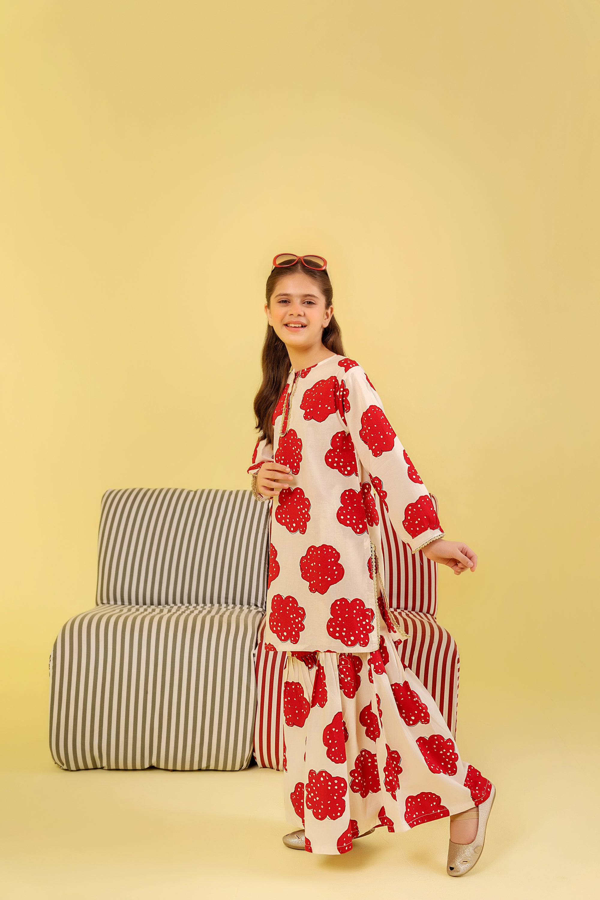 Red Flower All Over Print White Gharara Suit Girls(R-47,48)