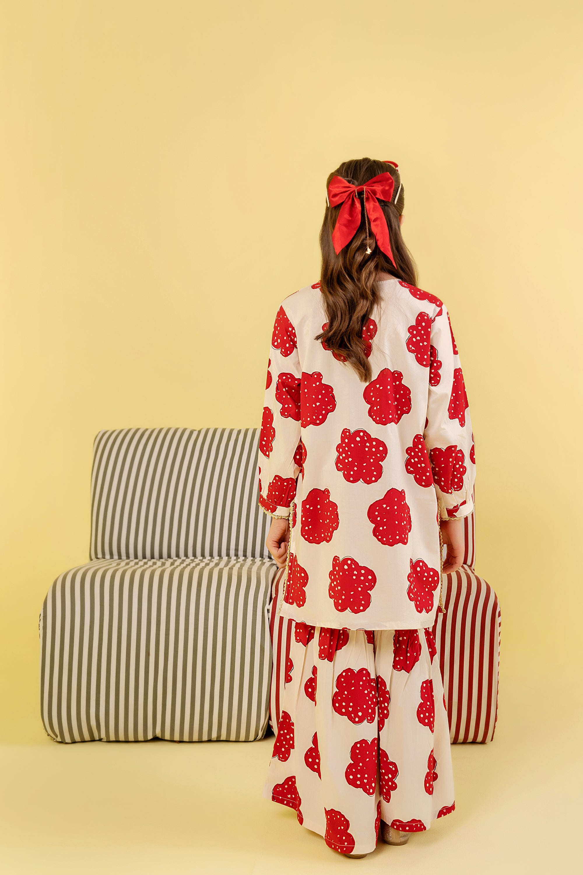 Red Flower All Over Print White Gharara Suit Girls(R-47,48)