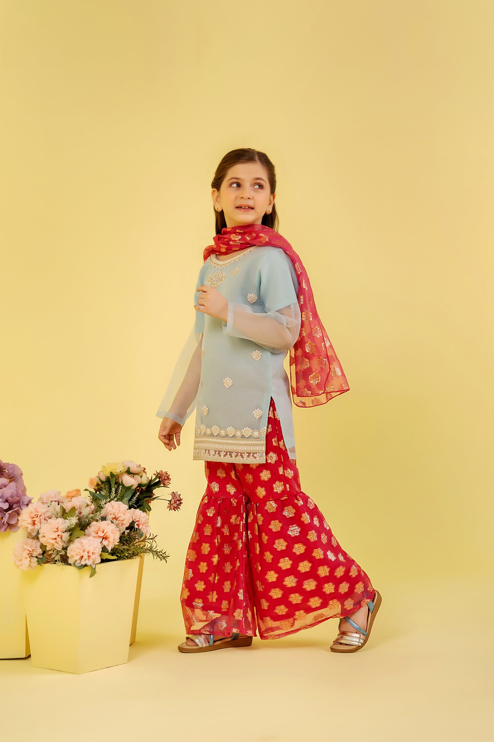 3Pcs Sky Blue Gharara Suit Girls