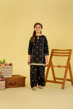 White Print Black Embroidery Suit Girls