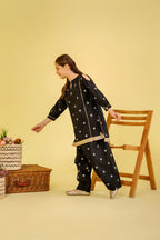 White Print Black Embroidery Suit Girls