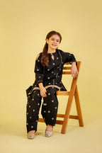 White Print Black Embroidery Suit Girls